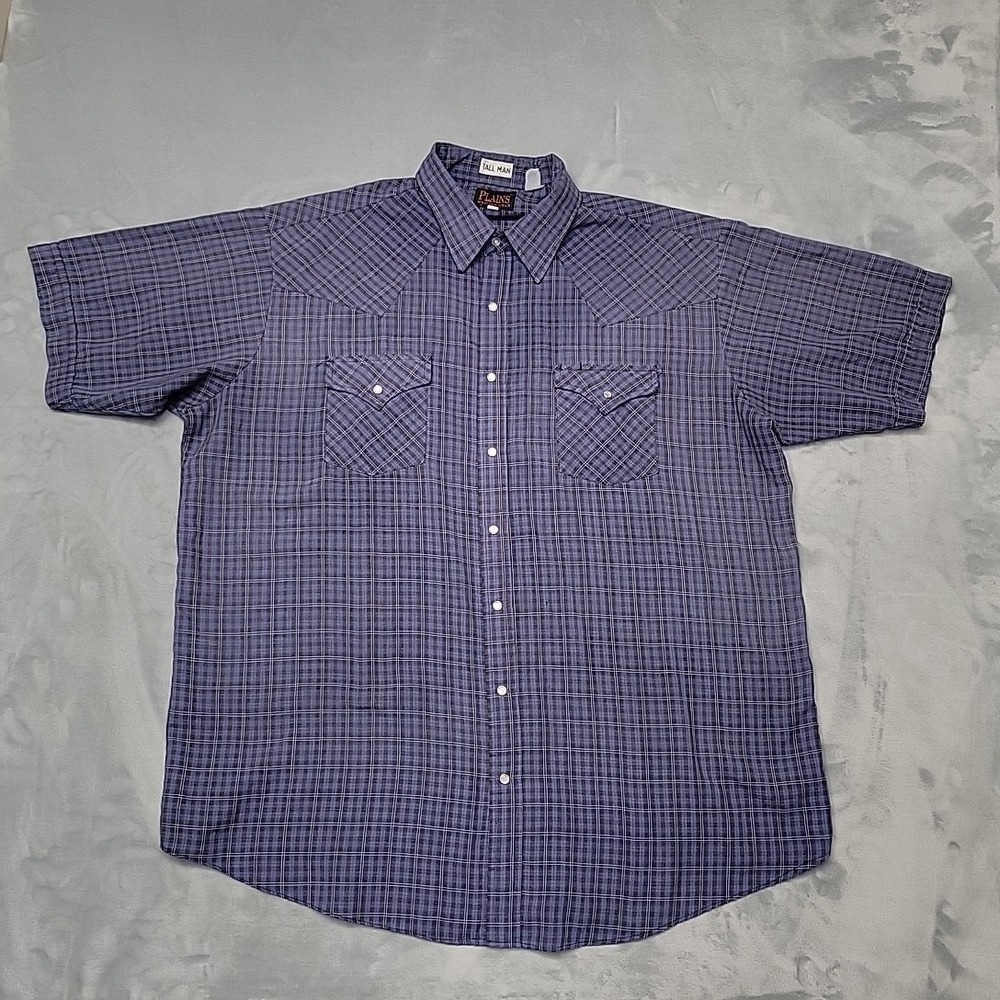 Plains Shirt Mens XLT Blue Western Pearl Snap Short Sleeve Plaid Cowboy Rodeo